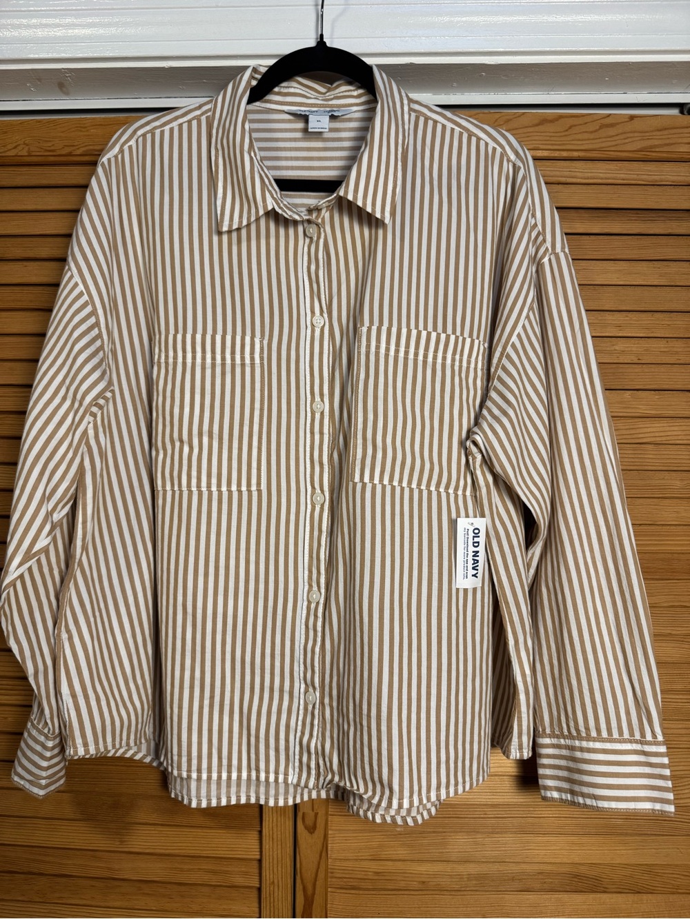Old Navy “The Boyfriend Shirt” Tan & White Striped Button Down - Size XL NWT